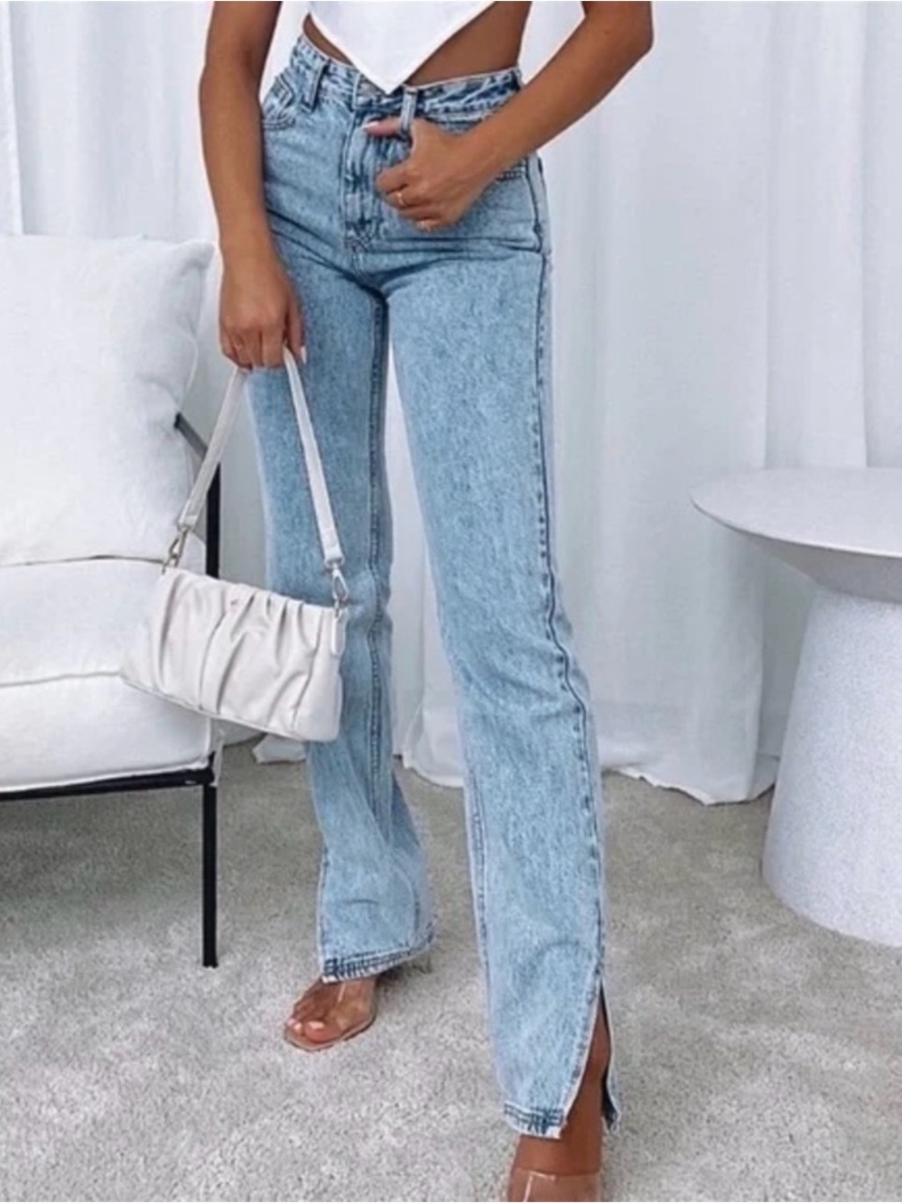 White Fox Boutique Light Blue Split-Side Straight Leg Jeans
